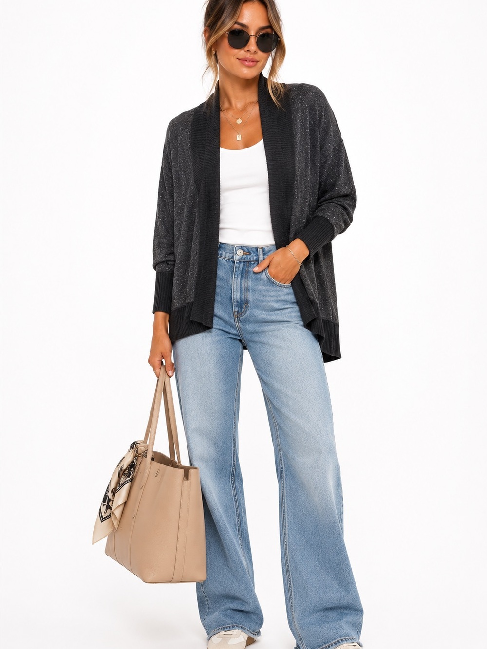 Zella Gray Ribbed Open Swing Cardigan XL Rib Trim lightweight Sweater Nordstrom - Picture 10 of 10